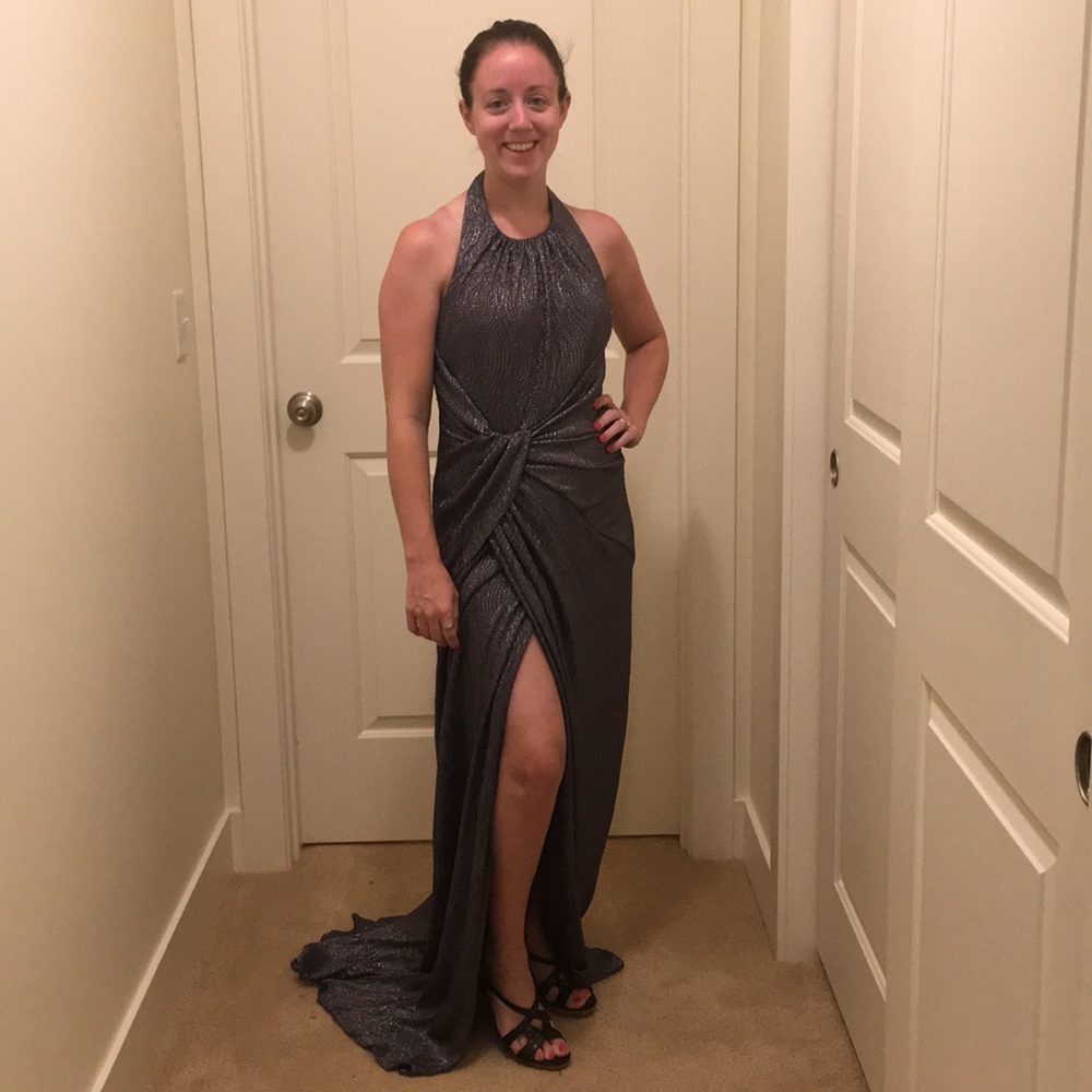 Carmen Marc Valvo Pewter Halter Prom Dress Formal